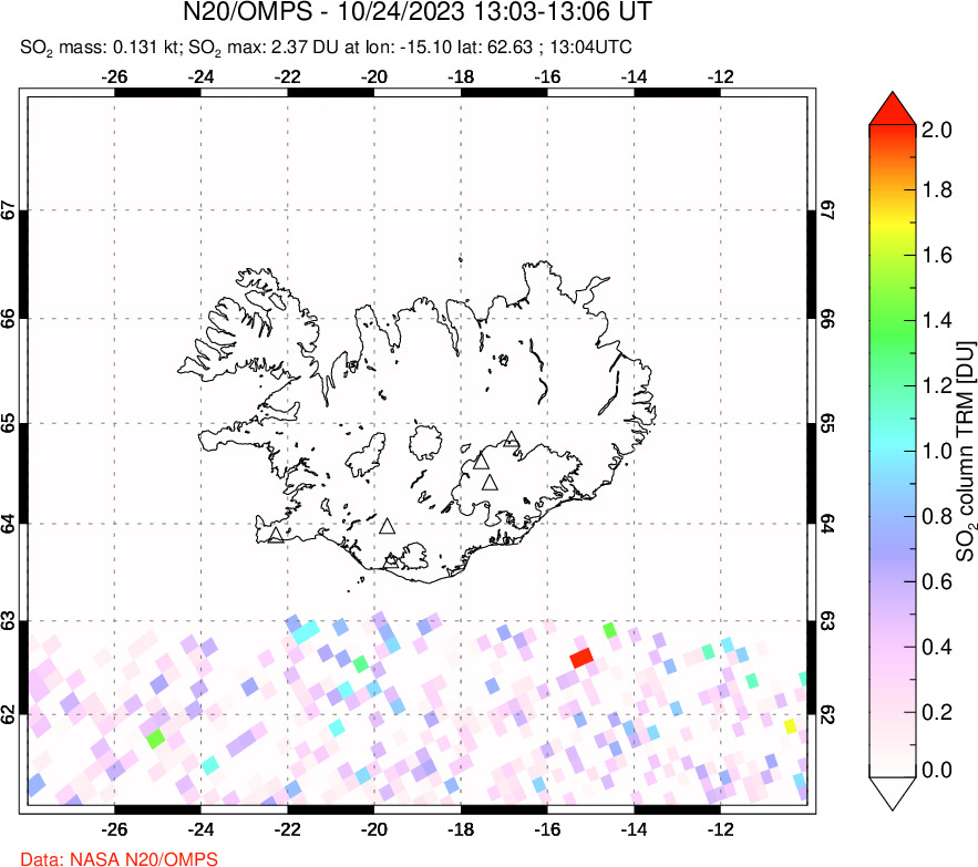 A sulfur dioxide image over Iceland on Oct 24, 2023.