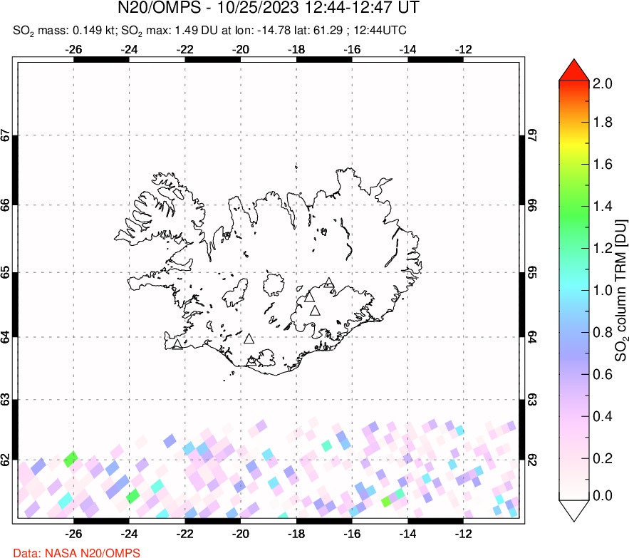 A sulfur dioxide image over Iceland on Oct 25, 2023.