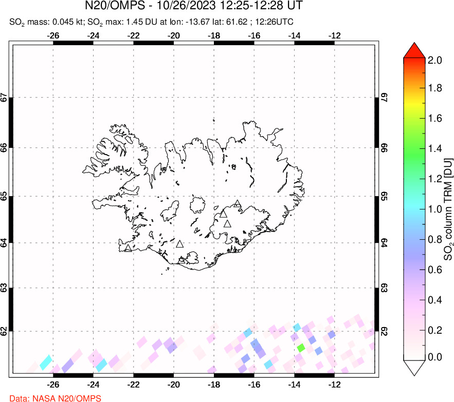 A sulfur dioxide image over Iceland on Oct 26, 2023.