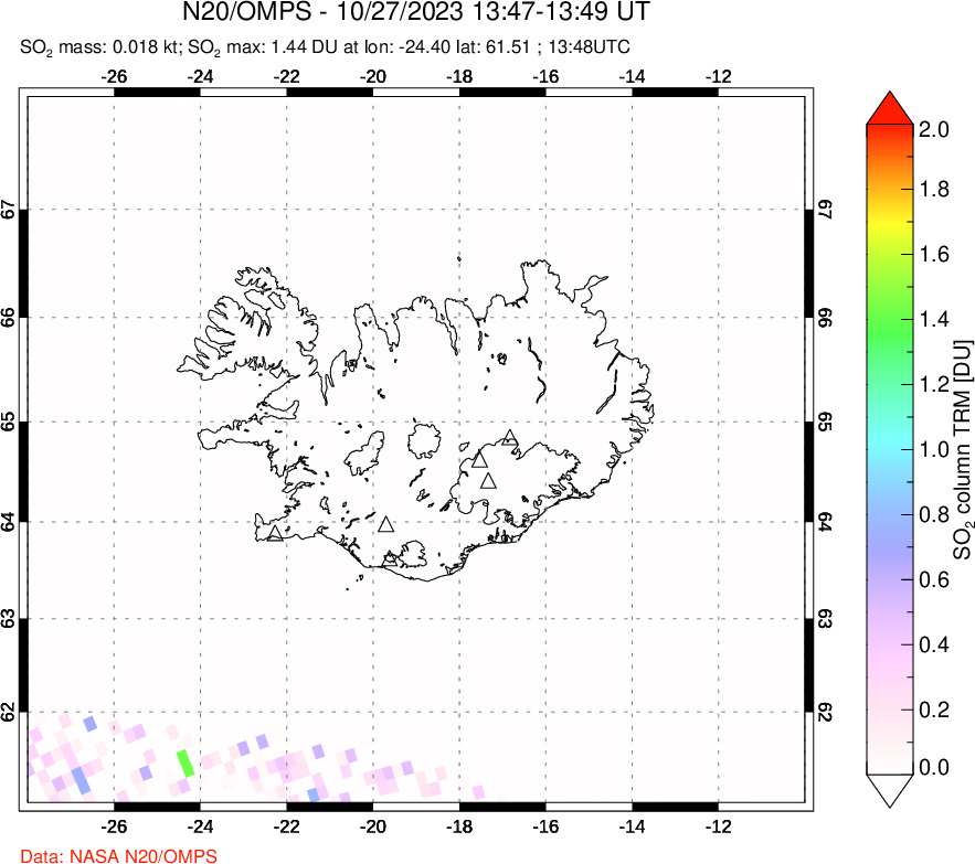 A sulfur dioxide image over Iceland on Oct 27, 2023.