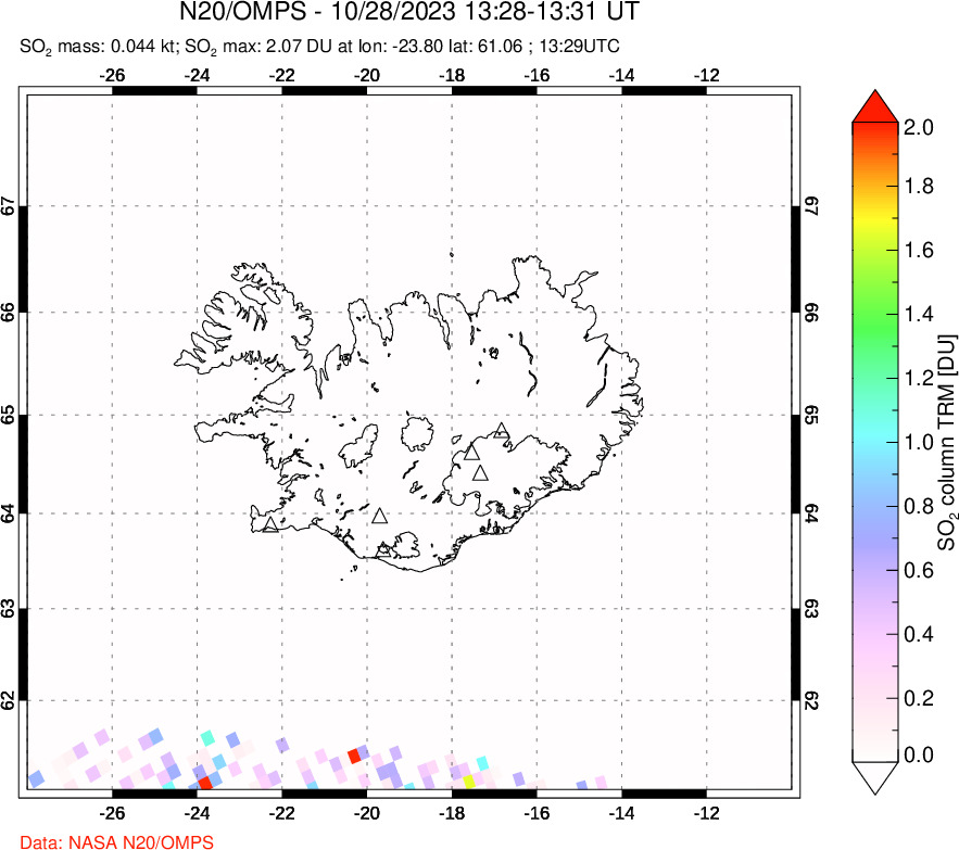 A sulfur dioxide image over Iceland on Oct 28, 2023.