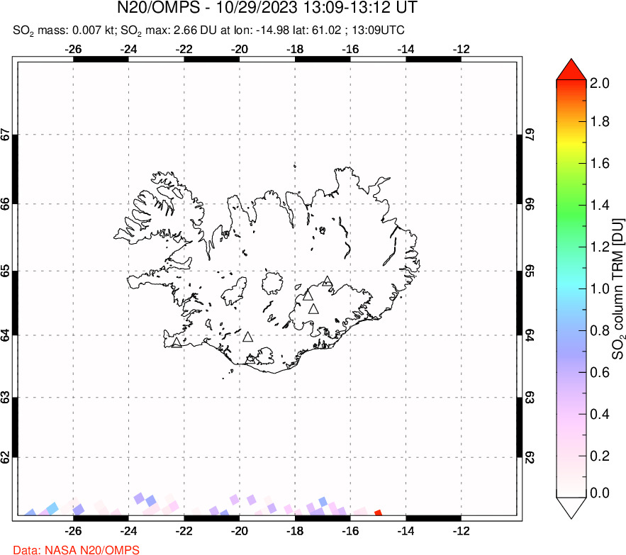 A sulfur dioxide image over Iceland on Oct 29, 2023.