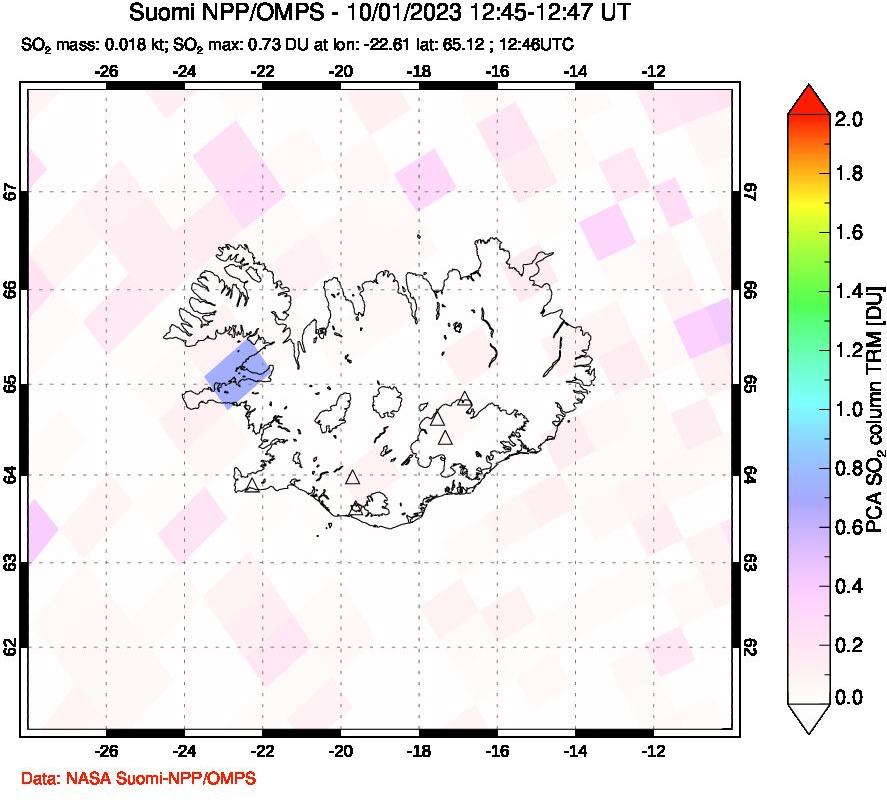 A sulfur dioxide image over Iceland on Oct 01, 2023.