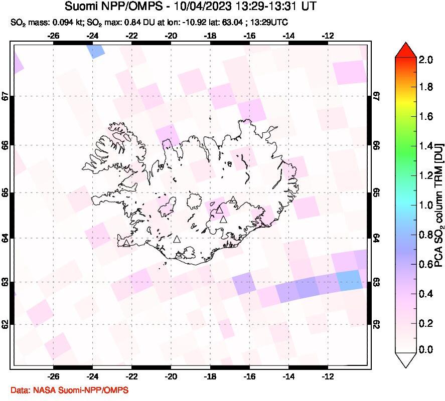 A sulfur dioxide image over Iceland on Oct 04, 2023.