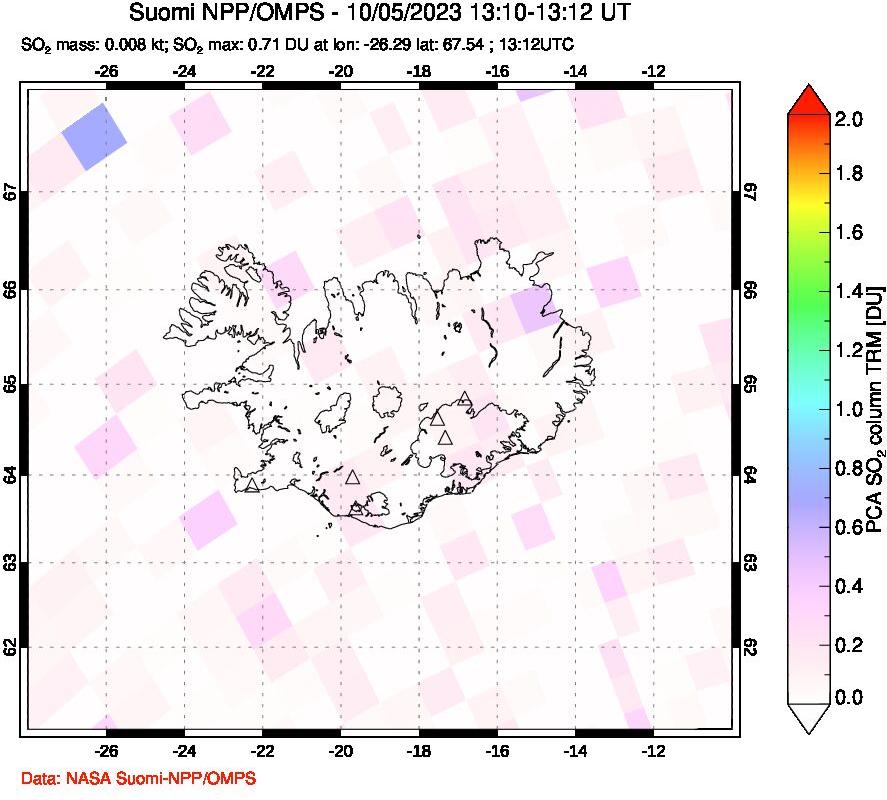 A sulfur dioxide image over Iceland on Oct 05, 2023.