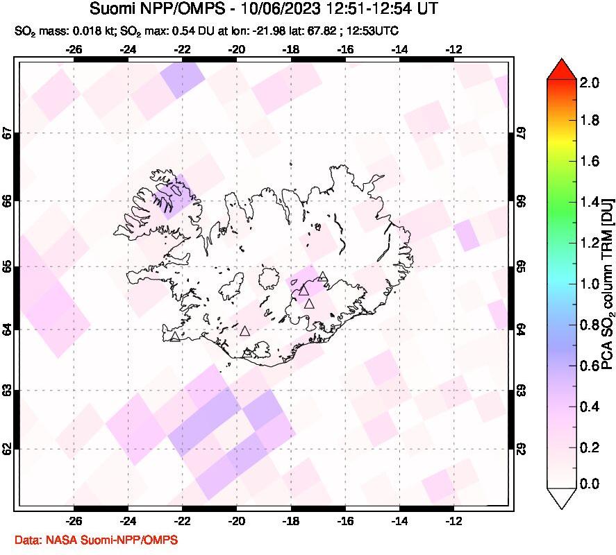 A sulfur dioxide image over Iceland on Oct 06, 2023.