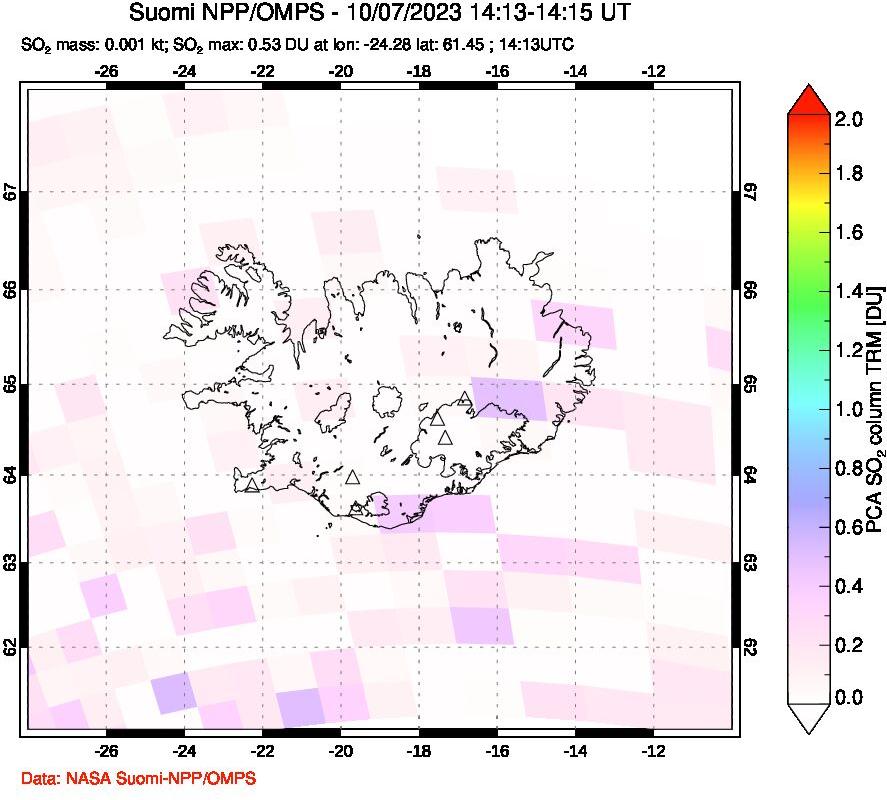 A sulfur dioxide image over Iceland on Oct 07, 2023.