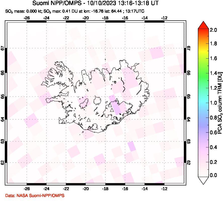 A sulfur dioxide image over Iceland on Oct 10, 2023.