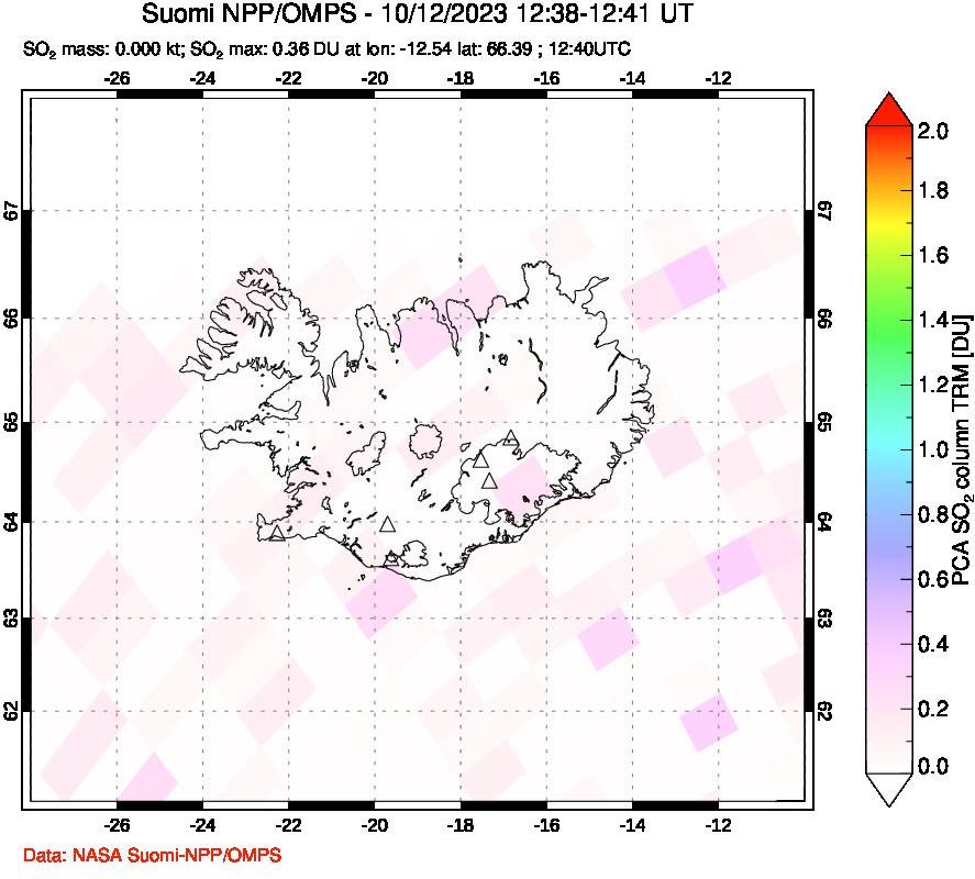 A sulfur dioxide image over Iceland on Oct 12, 2023.