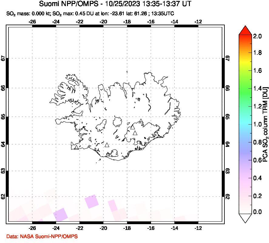 A sulfur dioxide image over Iceland on Oct 25, 2023.