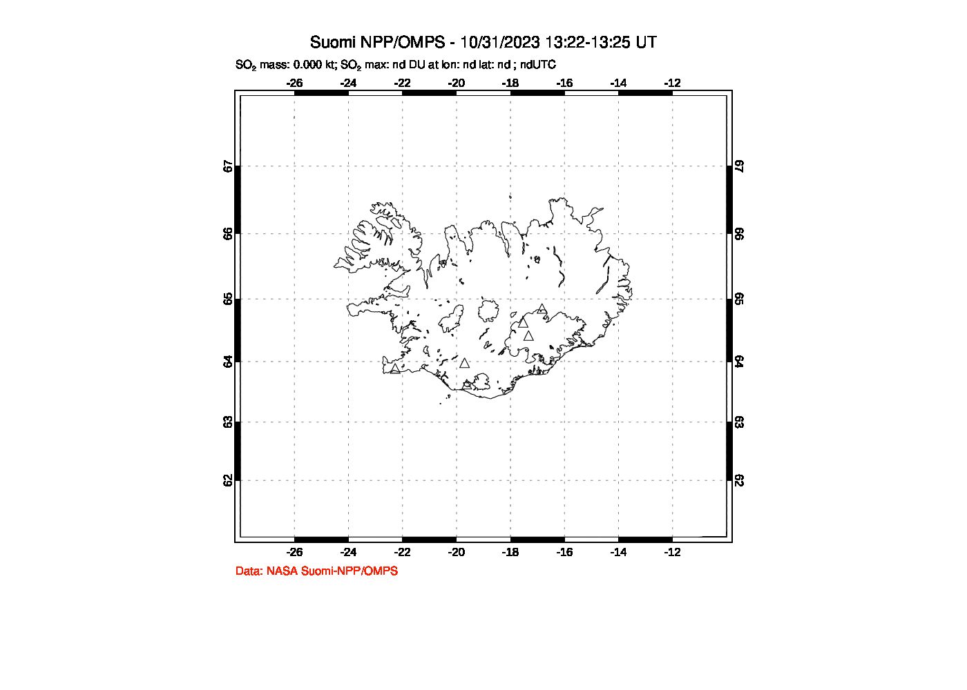 A sulfur dioxide image over Iceland on Oct 31, 2023.