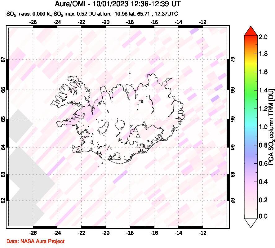 A sulfur dioxide image over Iceland on Oct 01, 2023.