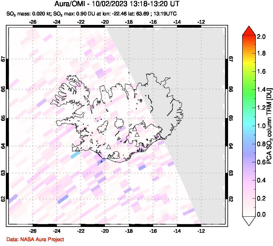 A sulfur dioxide image over Iceland on Oct 02, 2023.