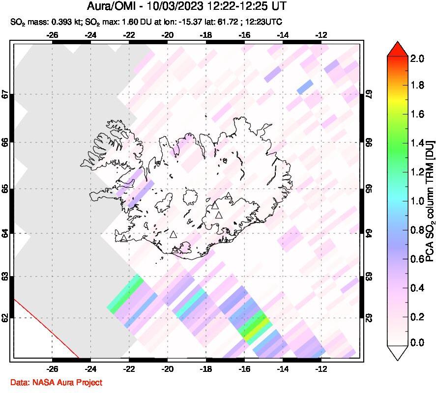 A sulfur dioxide image over Iceland on Oct 03, 2023.