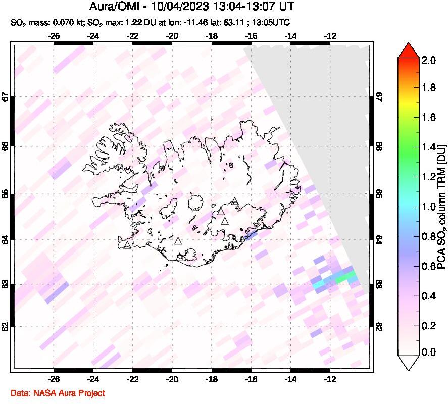 A sulfur dioxide image over Iceland on Oct 04, 2023.