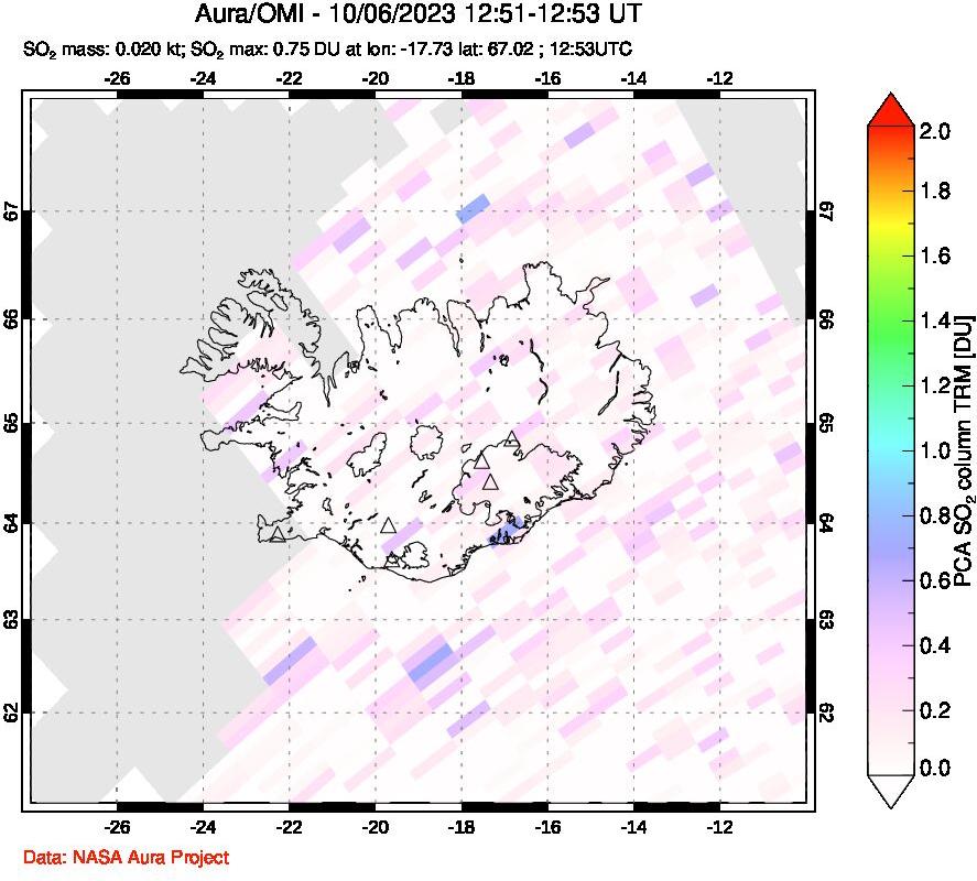 A sulfur dioxide image over Iceland on Oct 06, 2023.