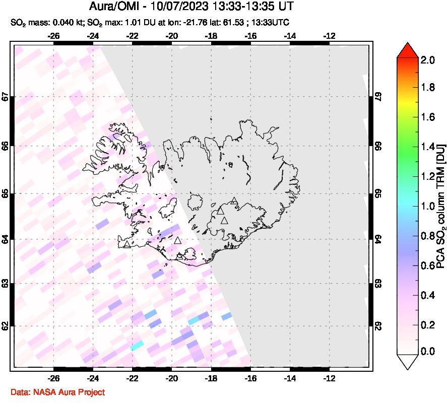 A sulfur dioxide image over Iceland on Oct 07, 2023.