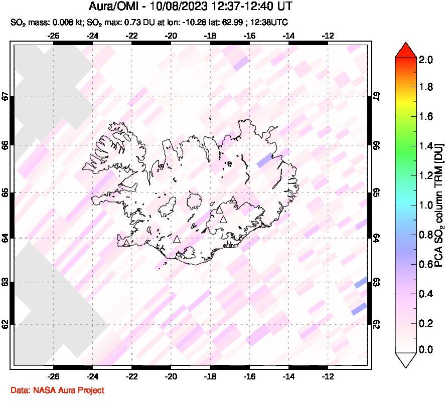 A sulfur dioxide image over Iceland on Oct 08, 2023.