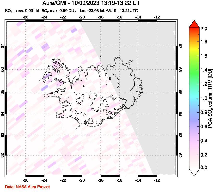 A sulfur dioxide image over Iceland on Oct 09, 2023.