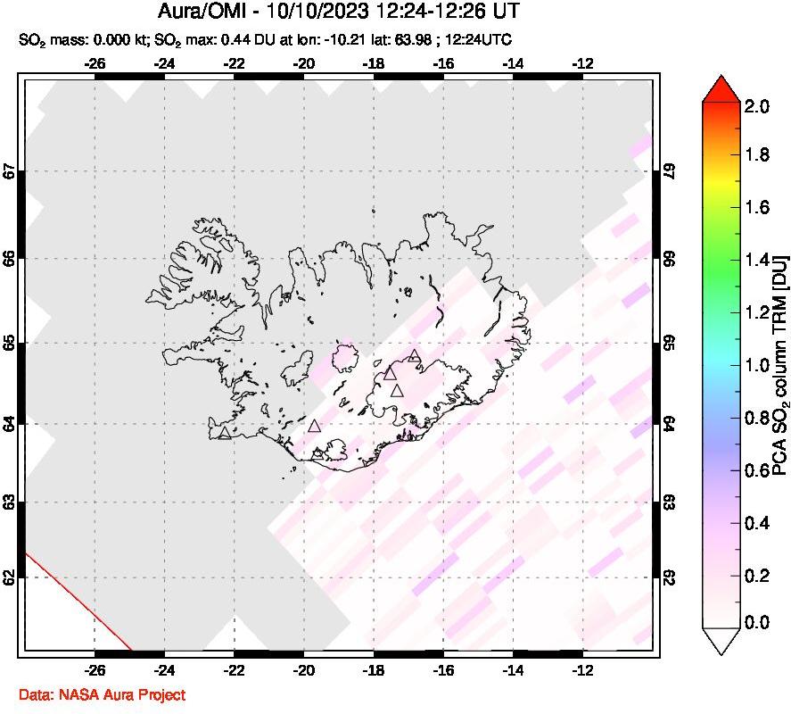 A sulfur dioxide image over Iceland on Oct 10, 2023.