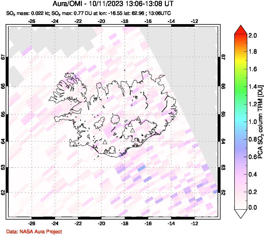 A sulfur dioxide image over Iceland on Oct 11, 2023.