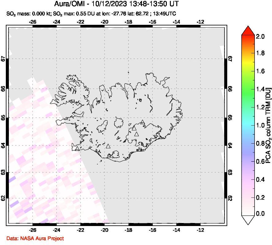 A sulfur dioxide image over Iceland on Oct 12, 2023.