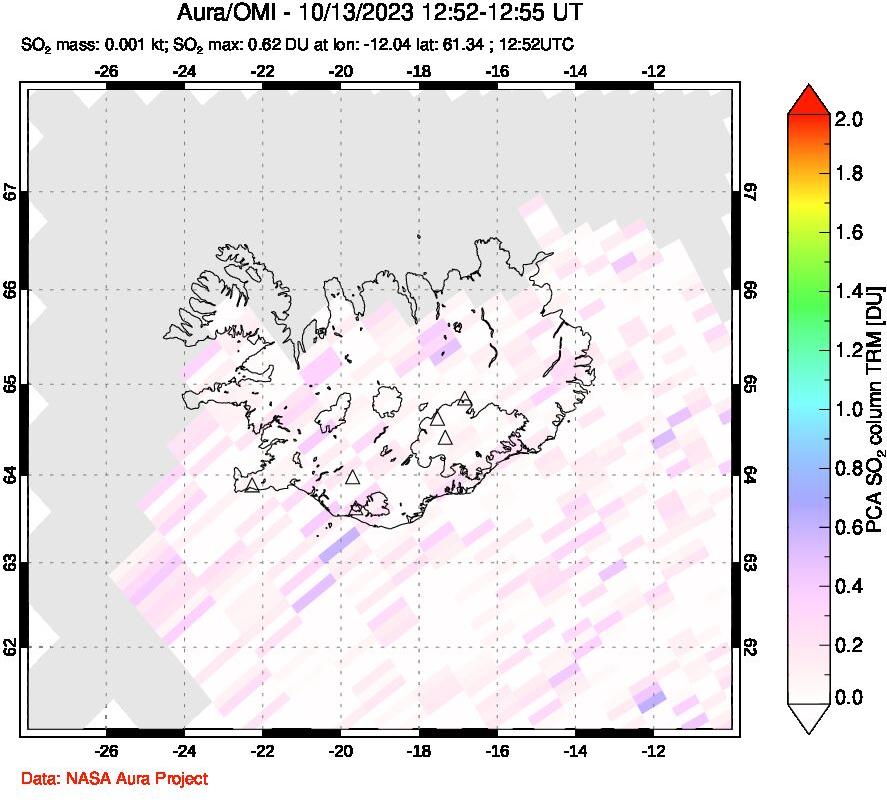 A sulfur dioxide image over Iceland on Oct 13, 2023.