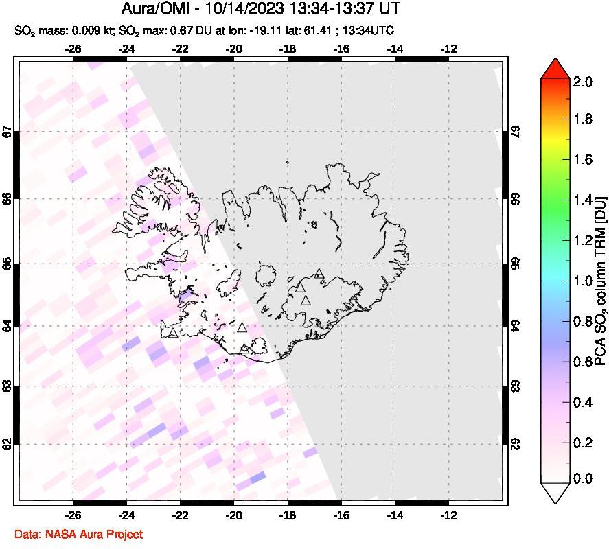 A sulfur dioxide image over Iceland on Oct 14, 2023.