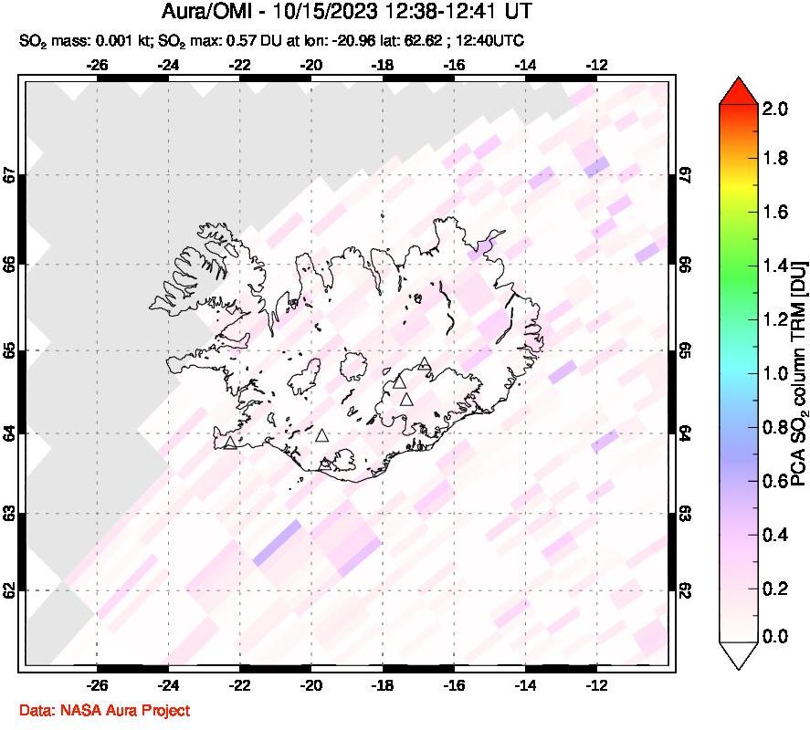 A sulfur dioxide image over Iceland on Oct 15, 2023.