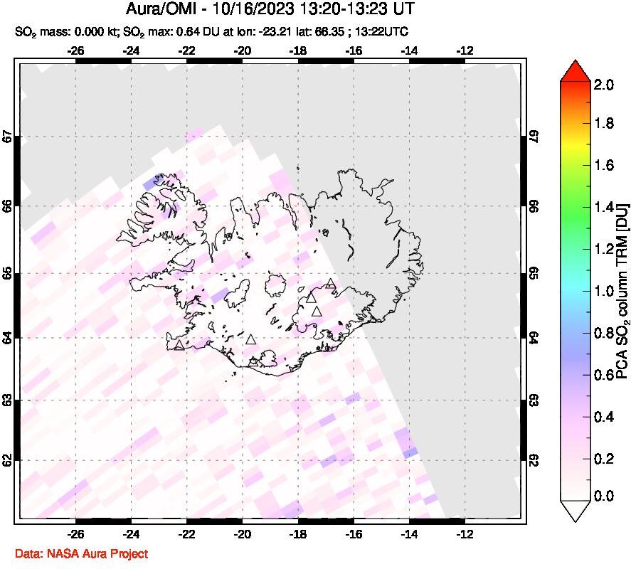 A sulfur dioxide image over Iceland on Oct 16, 2023.