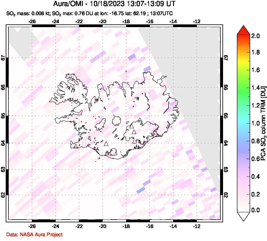 A sulfur dioxide image over Iceland on Oct 18, 2023.