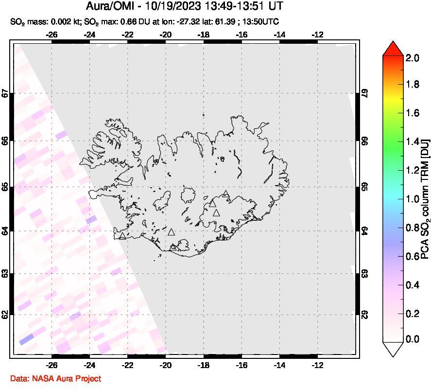 A sulfur dioxide image over Iceland on Oct 19, 2023.