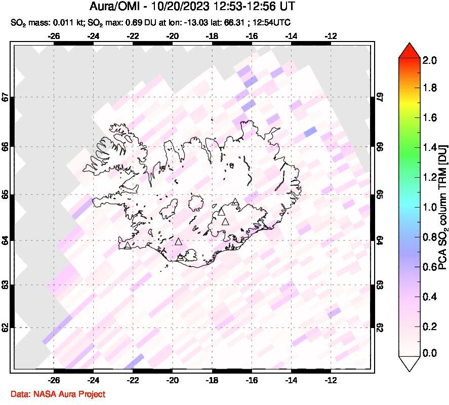 A sulfur dioxide image over Iceland on Oct 20, 2023.