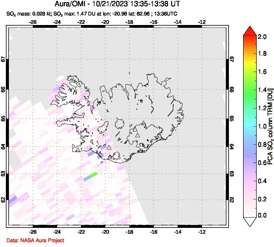 A sulfur dioxide image over Iceland on Oct 21, 2023.