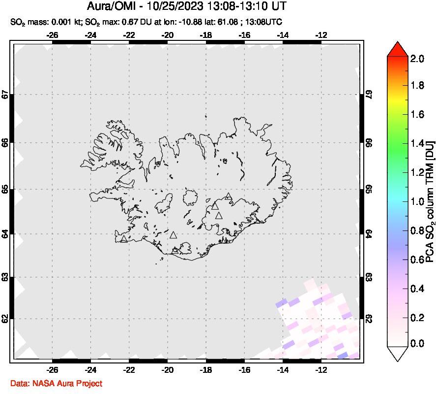 A sulfur dioxide image over Iceland on Oct 25, 2023.