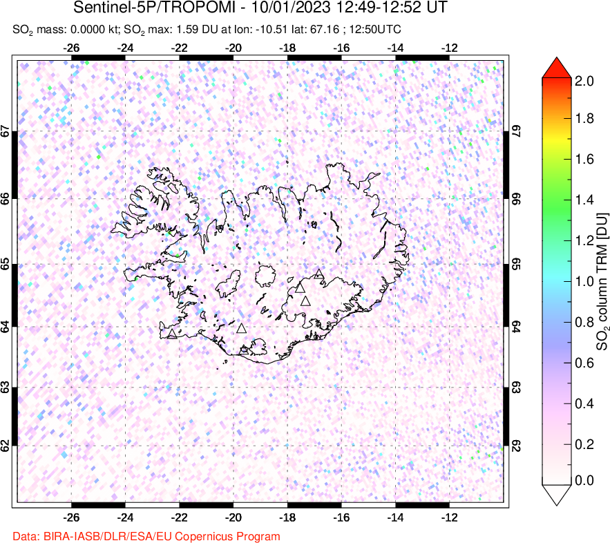 A sulfur dioxide image over Iceland on Oct 01, 2023.