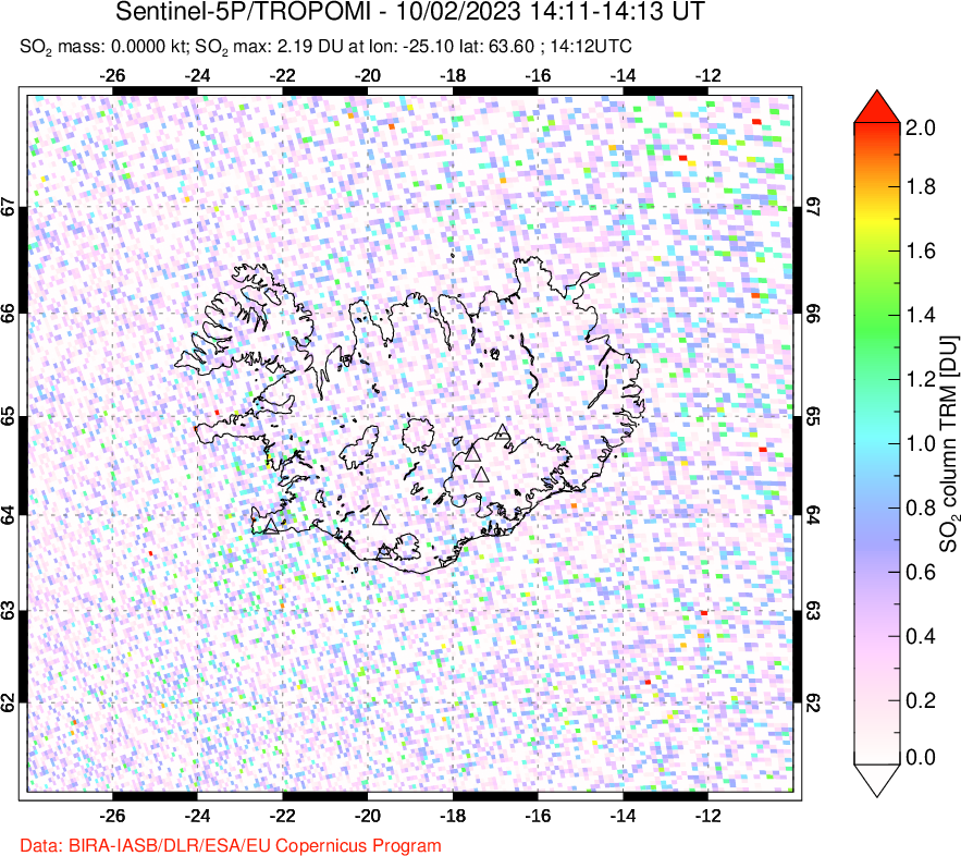 A sulfur dioxide image over Iceland on Oct 02, 2023.