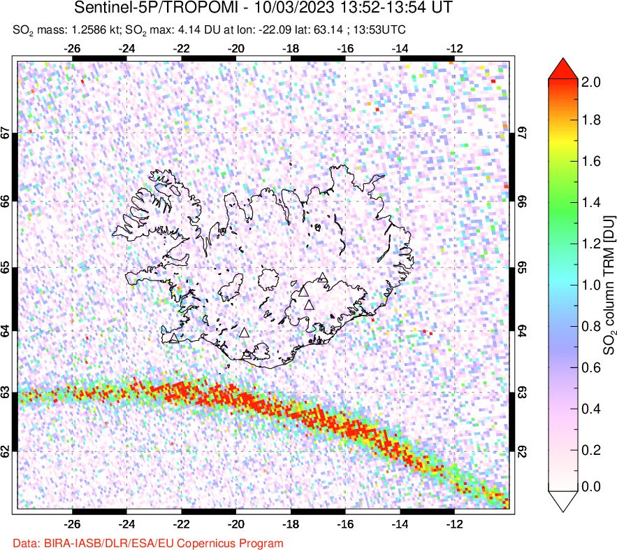 A sulfur dioxide image over Iceland on Oct 03, 2023.