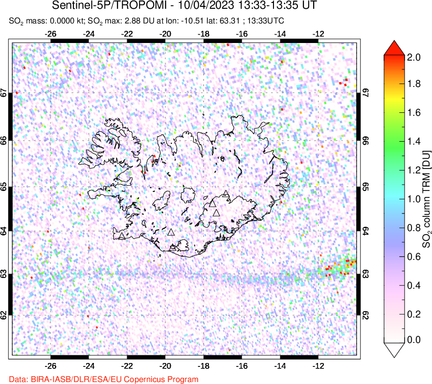 A sulfur dioxide image over Iceland on Oct 04, 2023.