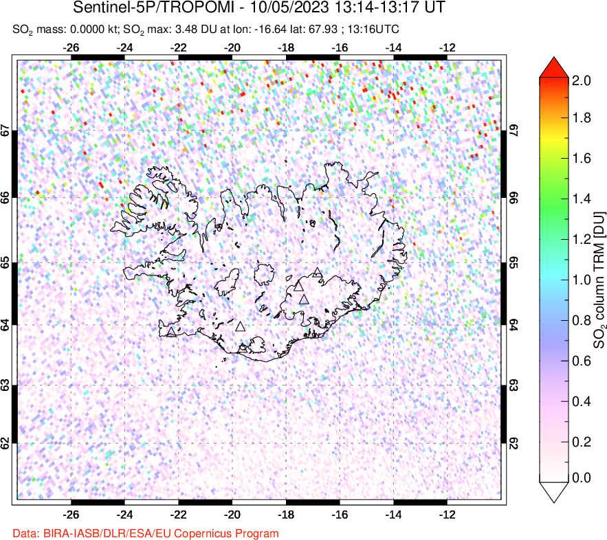 A sulfur dioxide image over Iceland on Oct 05, 2023.