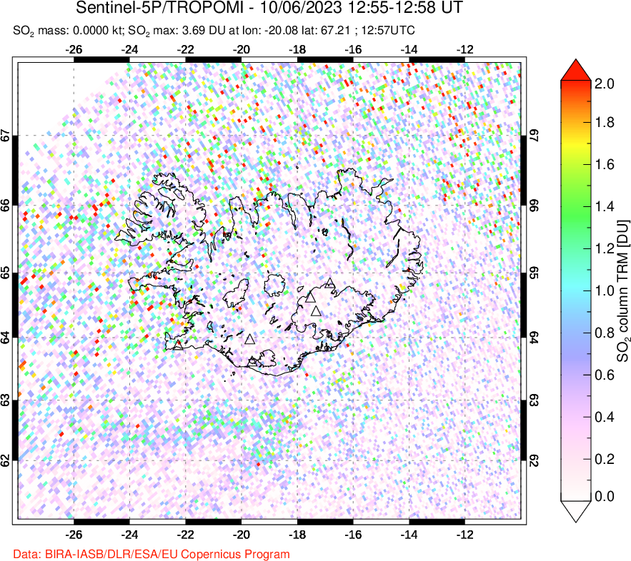 A sulfur dioxide image over Iceland on Oct 06, 2023.