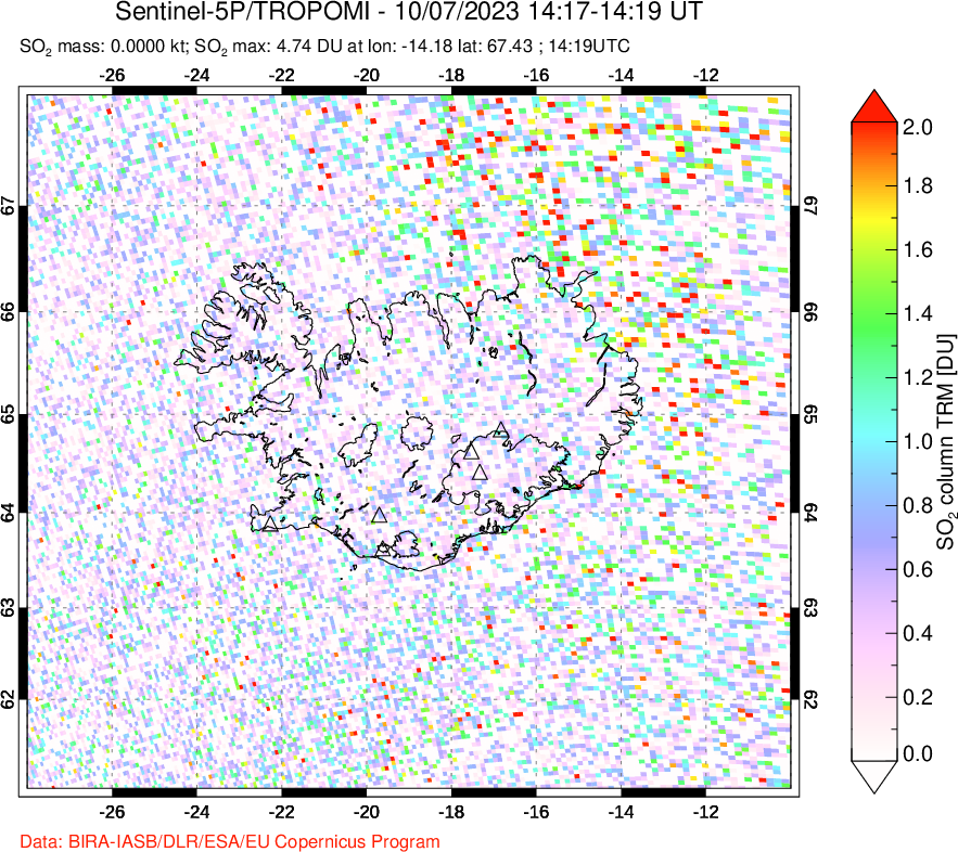 A sulfur dioxide image over Iceland on Oct 07, 2023.