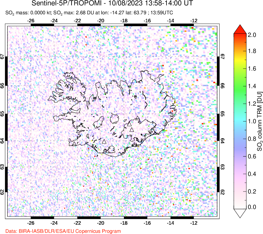 A sulfur dioxide image over Iceland on Oct 08, 2023.