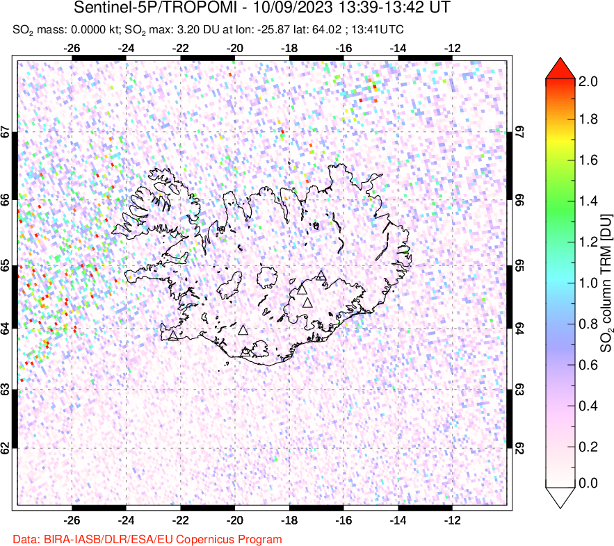 A sulfur dioxide image over Iceland on Oct 09, 2023.