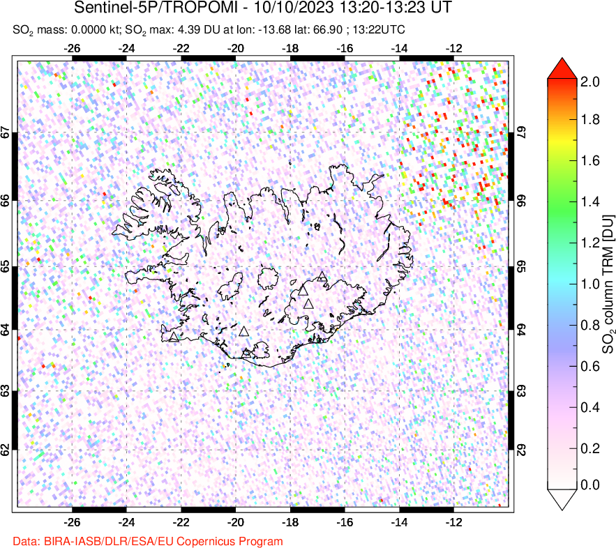 A sulfur dioxide image over Iceland on Oct 10, 2023.