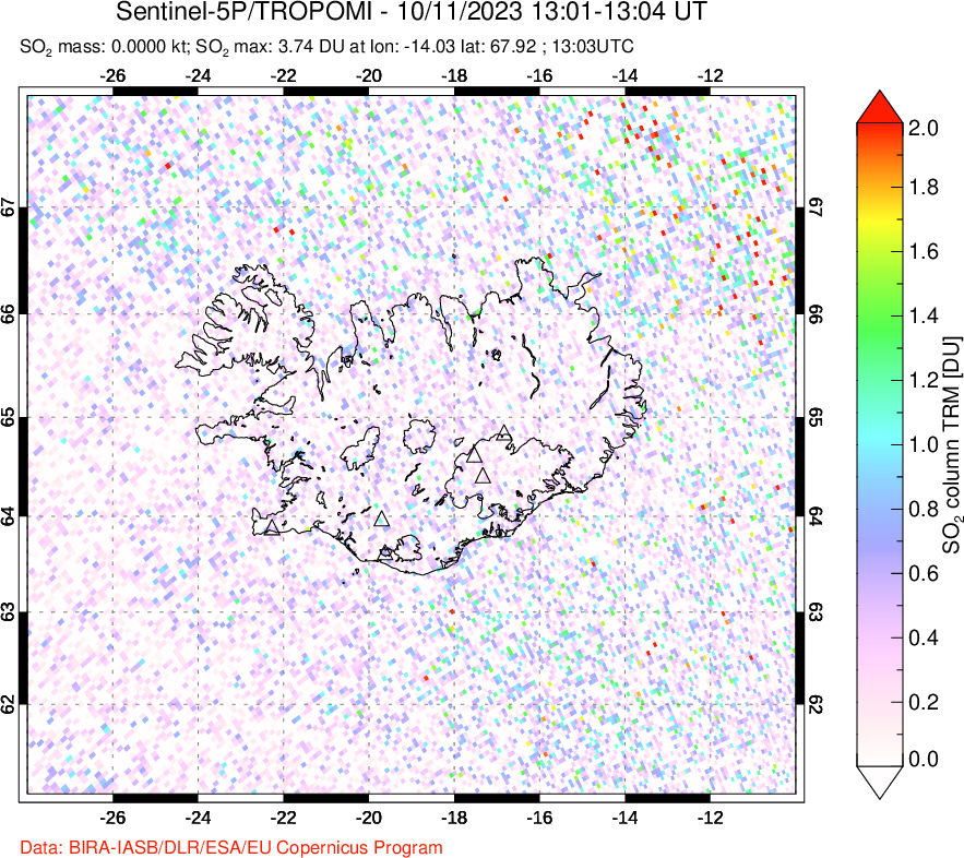 A sulfur dioxide image over Iceland on Oct 11, 2023.