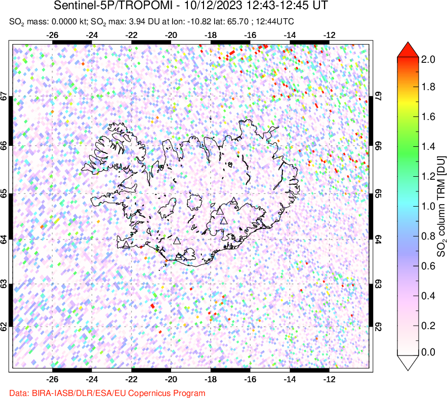 A sulfur dioxide image over Iceland on Oct 12, 2023.