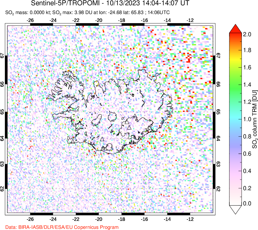 A sulfur dioxide image over Iceland on Oct 13, 2023.