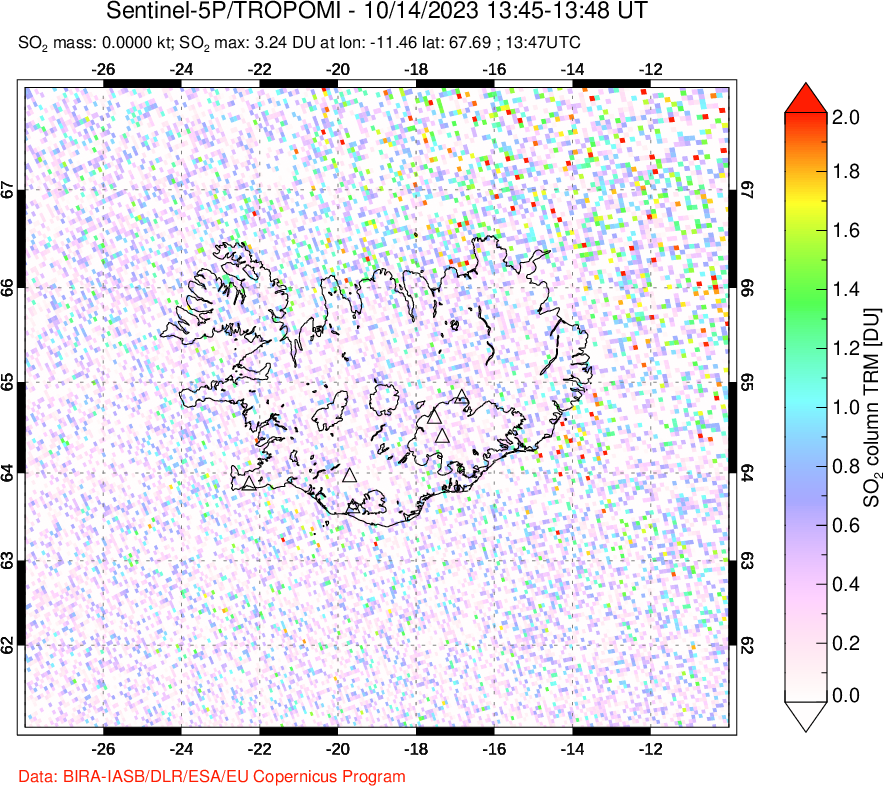 A sulfur dioxide image over Iceland on Oct 14, 2023.