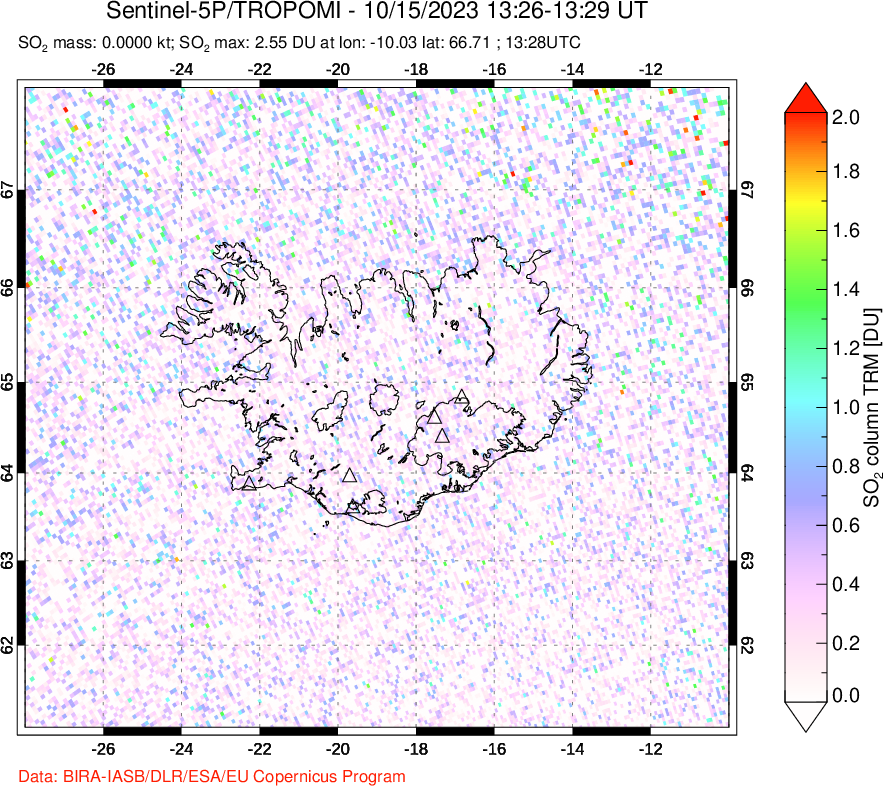 A sulfur dioxide image over Iceland on Oct 15, 2023.